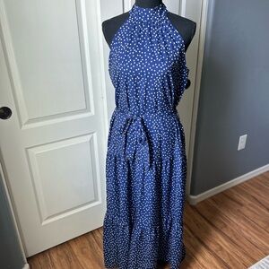 Elegant Blue Polka Dot Halter Dress SOLD